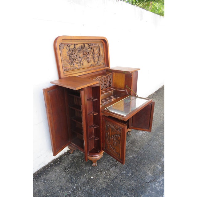 Brown Heavy Hand Carved Solid Wood 1960s Oriental Dry Bar Cabinet For Sale - Image 8 of 18