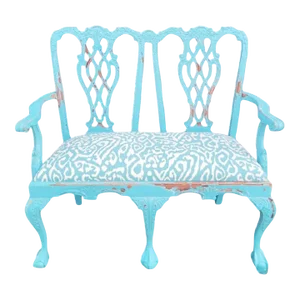 Vintage Custom Pale Blue Distressed Queen Anne Ball Claw Fretwork Wood Zebra Settee Bench