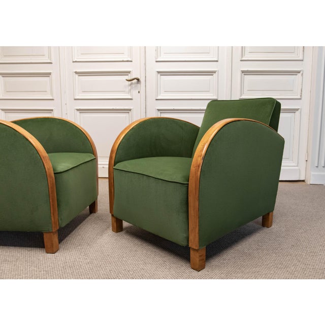 Vintage Green Velvet Lounge Chairs with Wooden Arm Overlays, Sweden, 1930, Set of 2 For Sale - Image 10 of 15
