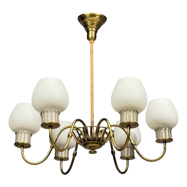 1960s Danish Modern, Chandelier, Brass, String, Glass For Sale