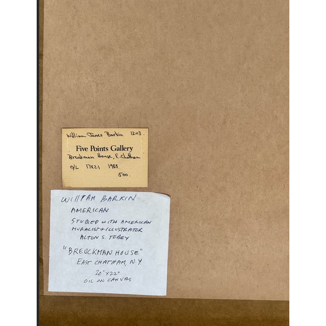 Wood Vintage Landscape Oil on Canvas Painting, "Breuckman House" by William Barkin, 1988 For Sale - Image 7 of 7