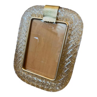 1990s Barovier Style Art Deco Brass and Gold Murano Glass Picture Frame For Sale