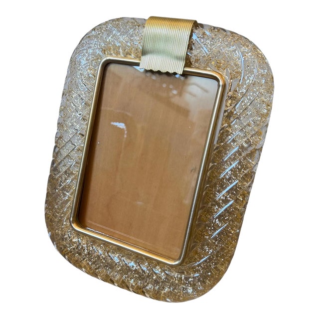 1990s Barovier Style Art Deco Brass and Gold Murano Glass Picture Frame For Sale