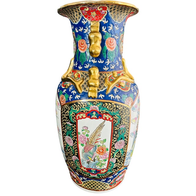 Vibrant Vintage 1970s Chinese Famille Rose Medallion Floor Vase | Chinoiserie Grand Decor With Foo Dog Handles For Sale - Image 4 of 15