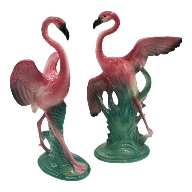 1950s Mid-Century 11" Tall Open Wing Pink Flamingo Ceramic Tabletop Statue, Pair For Sale