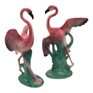 1950s Mid-Century 11" Tall Open Wing Pink Flamingo Ceramic Tabletop Statue, Pair