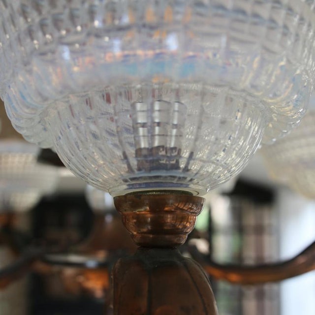 1930s French Art Deco Chandelier in Opalescent Glass and Copper by Ezan-Petitot, 1930s For Sale - Image 5 of 18