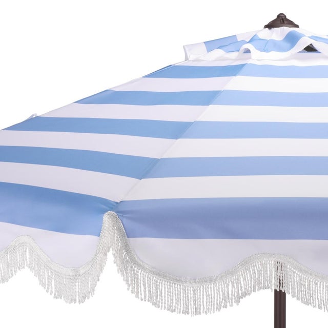 Spritely Home Lucerna 9 Ft Crank Umbrella, Baby Blue Stripe/Brown Pole For Sale - Image 4 of 9