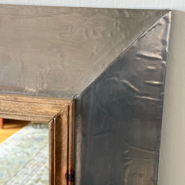 Rustic Vintage Large Farm House Mirror in Hammered Aluminum and Wood For Sale - Image 3 of 6