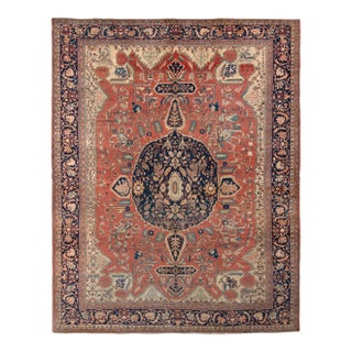 Hand-Knotted Antique Farahan Rug in Red and Blue Medallion Pattern For Sale