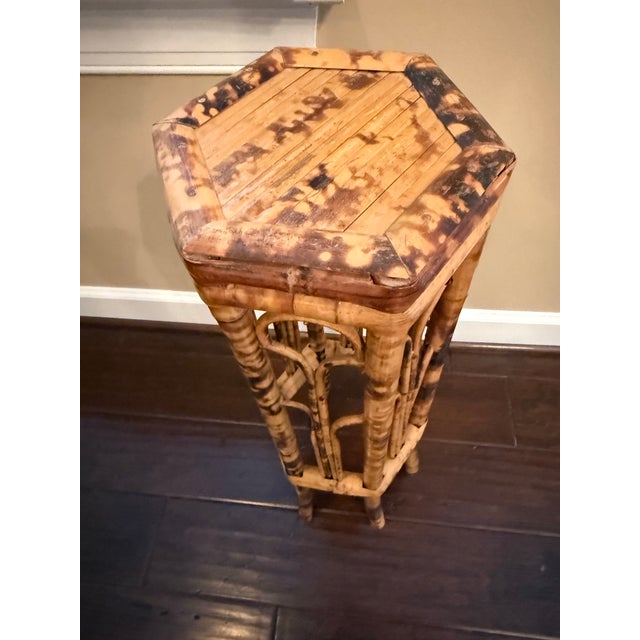 Boho Chic Vintage Hexagonal Tortoise Shell Bamboo Plant Stand Pedestal For Sale - Image 3 of 9