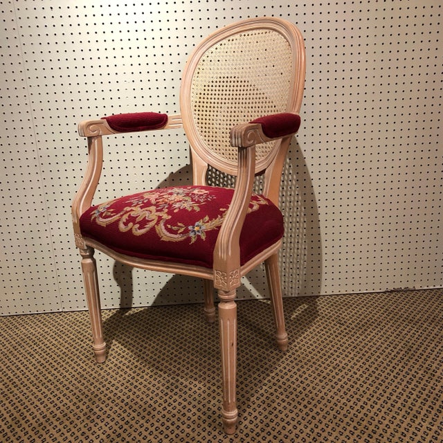 Rococo Vintage Louis XVI Cane Back Needlepoint Armchair For Sale - Image 3 of 8