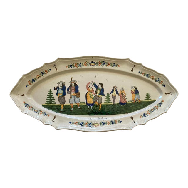 Antique French Faience Hb Quimper Large Fish Platter 24" 19th C. For Sale
