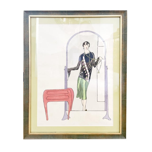 Paper works from the 20-30s Art Deco fashion drawings, hand-colored and framed. Drawings as prints. France around 1930,...