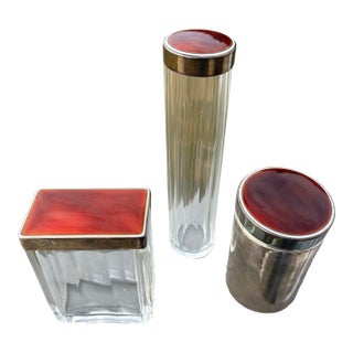 19th C. Red Guilloche Enamel, Sterling and Crystal Vessels - Set of Three For Sale