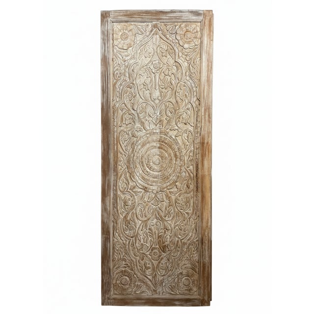 Wood Sandwashed Floral Carved Solid Wood Front Entry Door, Double-Sided 96x36 For Sale - Image 7 of 8