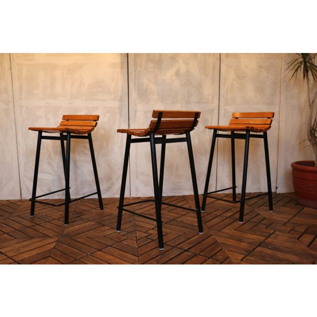 Black Set of Six Mid-Century Modern Oak & Steel Bar Stools, 1960s For Sale - Image 8 of 18
