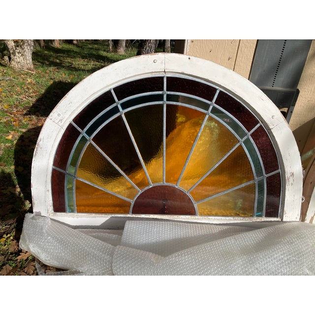 Late 19th Century Set of 4 Antique Leaded Stained Glass Fanlight Windows – Amber & Aqua – Circa 1900 Architectural Salvage For Sale - Image 5 of 7