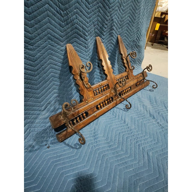 Gothic 19th Century Swiss Black Forest Gothic Carved Walnut Pipe Rack / Hall Rack With Wrought Iron Hooks For Sale - Image 3 of 10