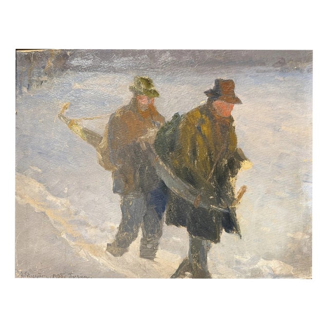 Albert Stagura, Lumberjack in the Snow, Oil Painting on Canvas For Sale