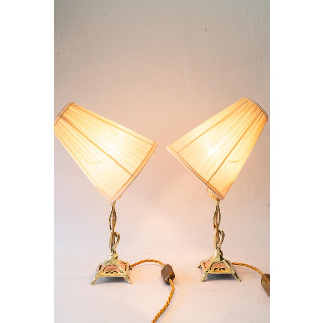 Jugendstil Brass Table Lamps with Fabric Shades, Vienna, Austria, 1908, Set of 2 For Sale - Image 14 of 18
