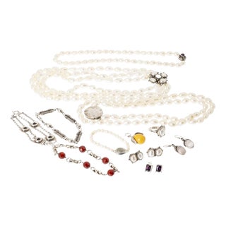 Silver Necklaces, Earrings, Ring and Bracelet with Stones, Set of 7 For Sale