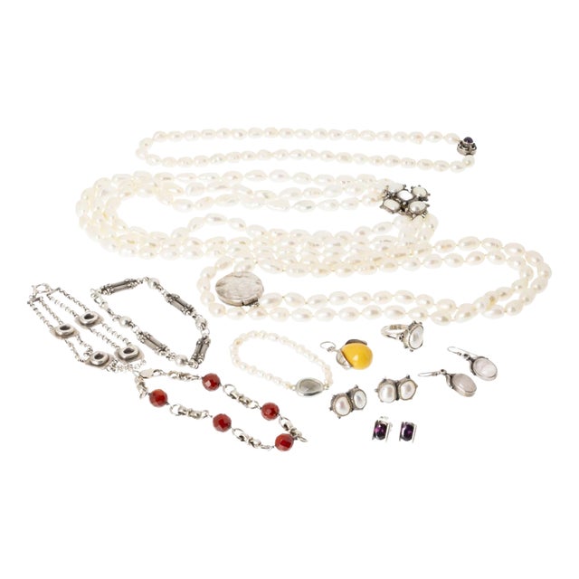 Silver Necklaces, Earrings, Ring and Bracelet with Stones, Set of 7 For Sale