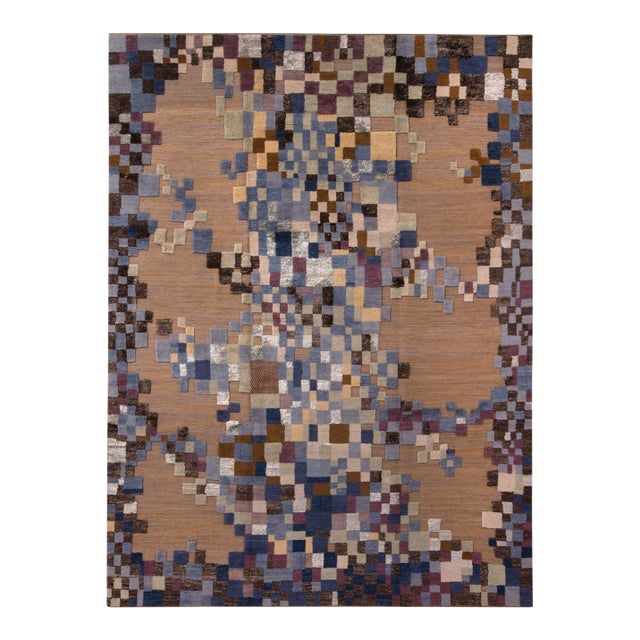 Rug & Kilim’s Scandinavian Style Geometric Beige Brown and Blue Wool Rug - 12x15 For Sale