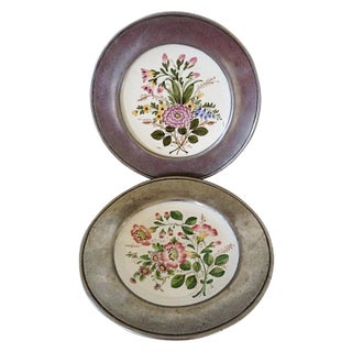 Italian Bassano Plates Mounted in Pewter - A Pair For Sale
