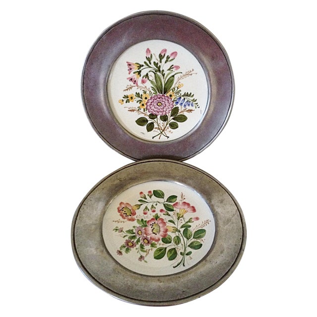 Italian Bassano Plates Mounted in Pewter - A Pair For Sale