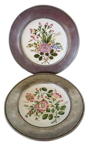 Italian Bassano Plates Mounted in Pewter - A Pair