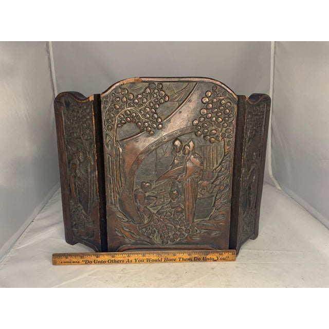 Brown Antique Carved Chinese Table Screen: Figural Garden Scene For Sale - Image 8 of 9