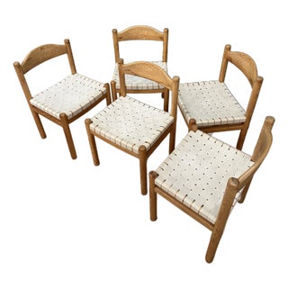 1960s Danish Pine & White Linen Dining Chairs Set of 4 For Sale