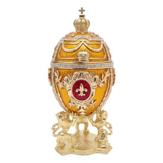 Pierre Lorren Handmade Faberge Egg Style Trinket Fabergé Egg Style Austrian Crystal Diamond Pure Gold Deco Hand Painted 5 Star Egg & Handmade Bracelet For Sale