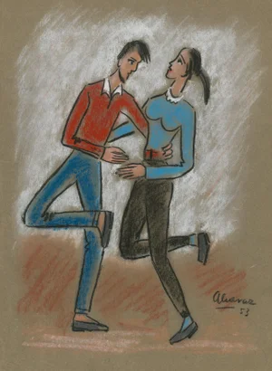 "Dancing Parisian Existentialists" 1953 Pastel Drawing