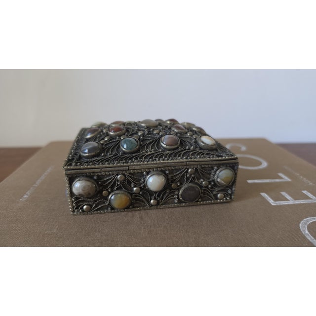 Antique Folk Art Silverplate Jewelry Box With Agate Cabochons, Vintage Trinket Box, Ornate Filigree Keepsake, Boho Global Decor For Sale - Image 10 of 10