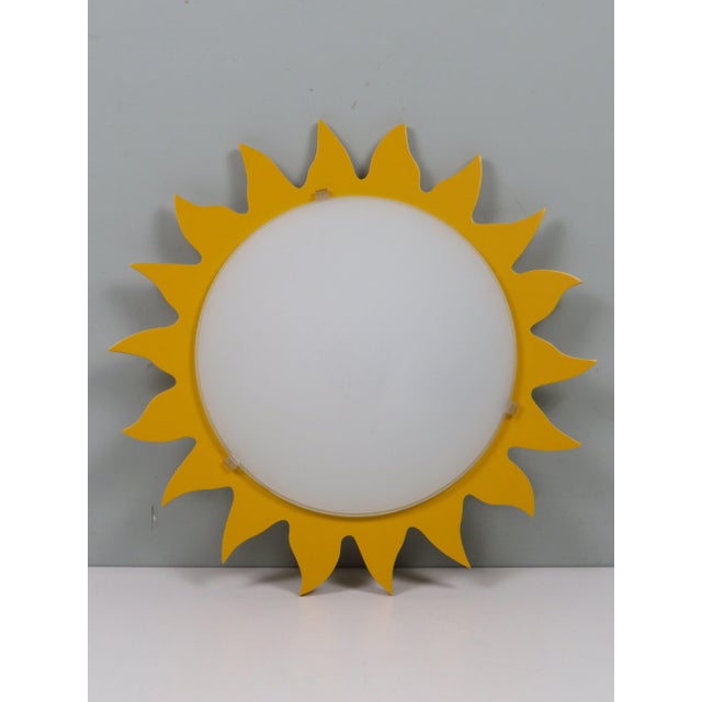Sun-Shaped Ceiling Lamp in Opaline Glass and Yellow Lacquered Wood from Massive, Belgium, 1970s For Sale - Image 11 of 13