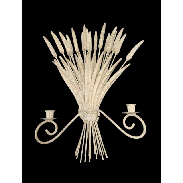 Metal Vintage Metal Sheaf of Wheat Beige 2 Arm Candle Wall Holder For Sale - Image 7 of 7