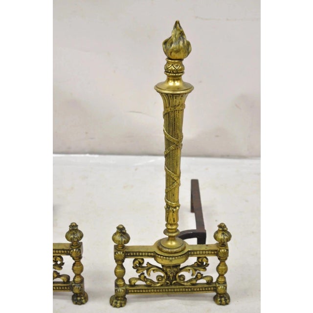 Antique French Empire Style Flame Finial Brass and Cast Iron Andirons - A Pair For Sale - Image 10 of 10