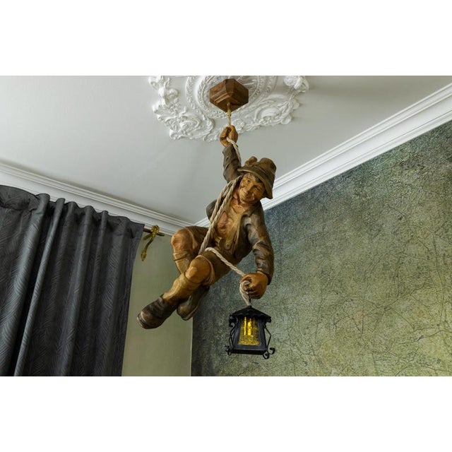 Large German Black Forest Carved Wood Mountaineer with Lantern, 1950s For Sale - Image 6 of 18