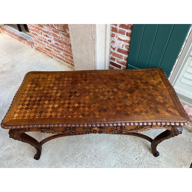 Antique French Center Library Table Louis XV Carved Oak Rococo Parquetry C1890 For Sale - Image 11 of 18