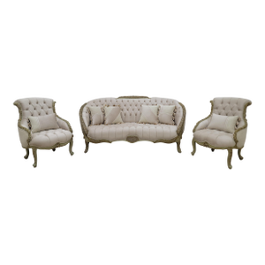 Late 19th Century Vintage French Set, Aged Wood Finish, Tufted Light Taupe Upholstered, 3 Piece Set