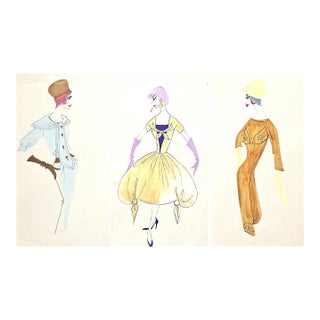 Set of 3- 1959 French Mid-Century Fashion Drawings-Whimsical For Sale