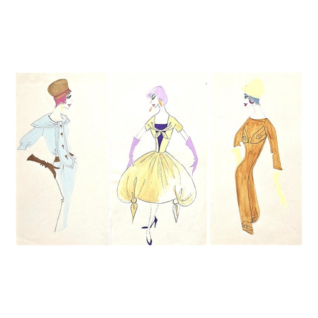 Set of 3- 1959 French Mid-Century Fashion Drawings-Whimsical For Sale