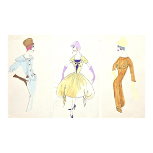 Set of 3- 1959 French Mid-Century Fashion Drawings-Whimsical