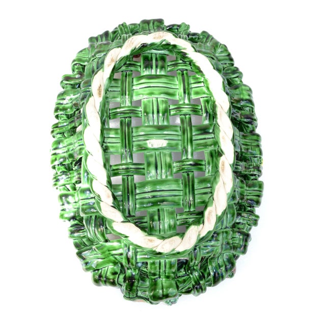 Vallauris France Glazed Woven Ceramic Basket Pink & Green Strawberry Pottery 70 For Sale - Image 10 of 13