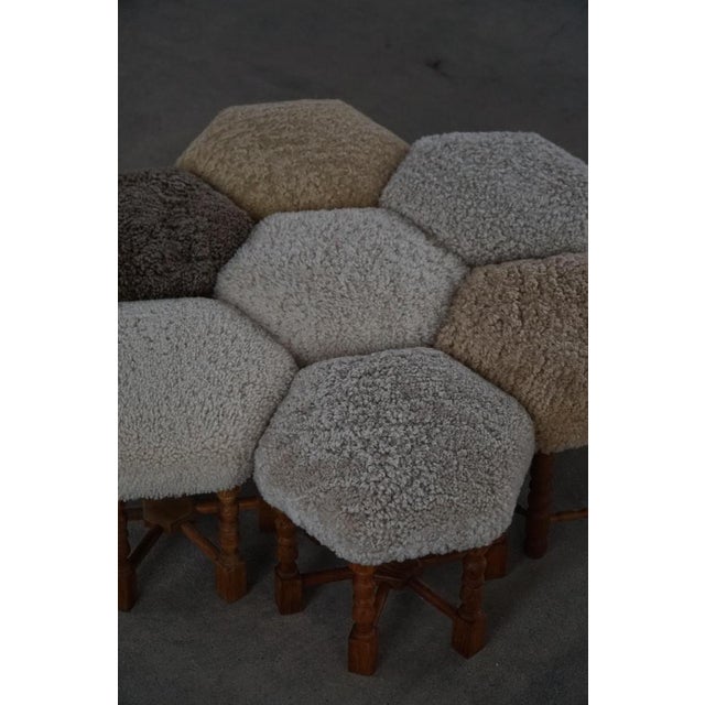 Gold Mid-Century Modern Danish Hexagonal Oak Stool with Lambswool Upholstery, 1950s For Sale - Image 8 of 13