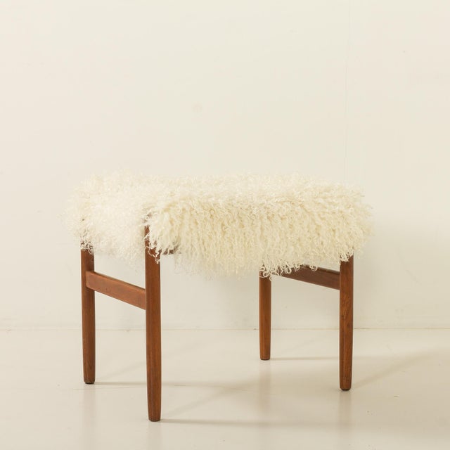 Mid-Century Danish Teak Ottoman in Long Hair Sheepskin, 1960s For Sale - Image 4 of 11