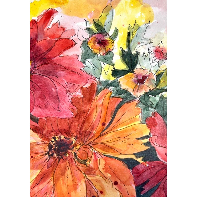 Original Watercolor Painting Ink and Wash “Red and Orange Dahlias” For Sale - Image 4 of 5