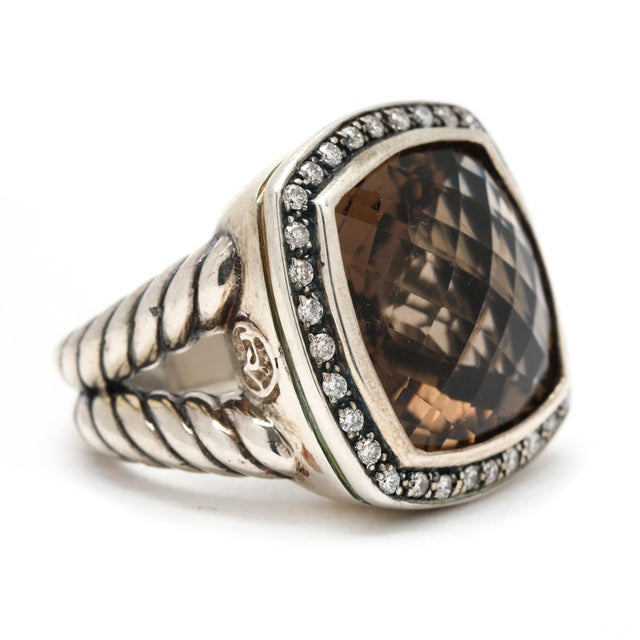 Stones: smoky quartz, 1 checkerboard cushion 17 mm diamond, 32 round brilliant cut 1.4-1.5 mm approximately .48 total...